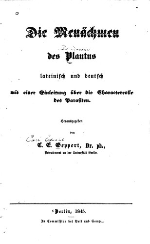 Die Menächmen des Plautus: Lateinisch und deutsch mit einer Einleitung über ...