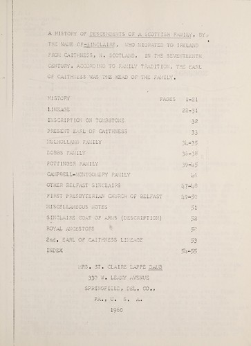 The Sinclaire family of Belfast, N. Ireland, and their descendents [sic], 1660-1960