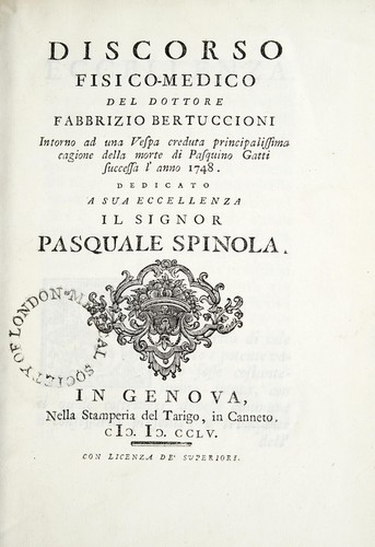 Discorso fisico-medico ... intorno ad una vespa creduta principalissima cagione della morte di Pasquino Gatti successa l'anno 1748