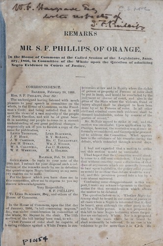 Remarks of S.F. Phillips, of Orange, in the House of Commons at the called session of the Legislature, January, 1866