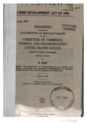 Liner Development Act of 1986: Hearing Before the Subcommittee on Merchant ...