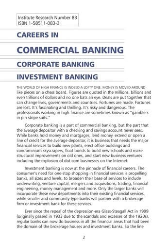 Careers in commercial banking, corporate banking, investment banking