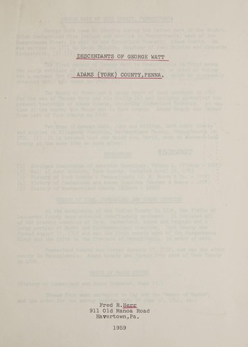 Descendents of George Watt, Adams (York) County, Pennsylvania