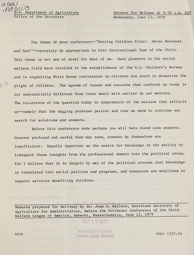 Remarks prepared for delivery by Dr. Joan S. Wallace, Assistant Secretary of Agriculture for Administration, before the Northeast Conference of the Child Welfare League of America, Amherst, Massachusetts, June 13, 1979