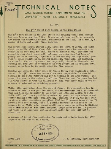 The 1947 forest fire season in the Lake States