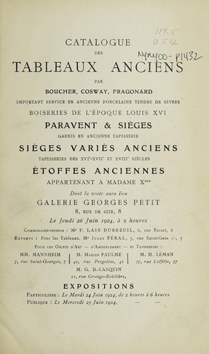 Catalogue des tableaux anciens ... paravent & sièges, sièges variés anciens ... étoffes anciennes, tapisseries appartenant à Madame X--