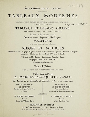 Tableaux modernes ... tableaux et dessins anciens ... sculptures ... sièges et meubles ... tapis d'Orient