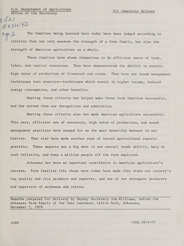 Remarks prepared for delivery by Deputy Secretary Jim Williams, before the Arkansas Farm Family of the Year Luncheon, Little Rock, Arkansas, December 7, 1979