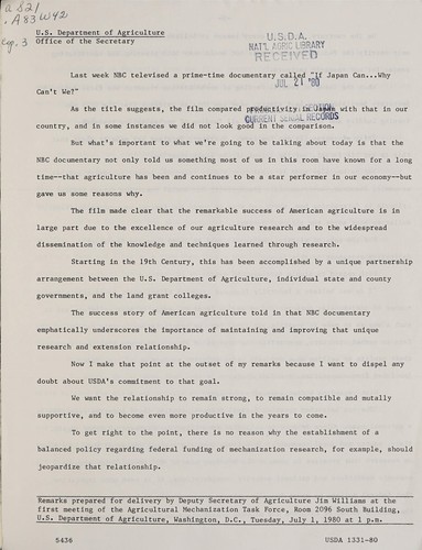 Remarks prepared for delivery by Deputy Secretary of Agriculture Jim Williams at the first meeting of the Agricultural Mechanization Task Force, Room 2096 South Building, U. S. Department of Agriculture, Washington, D.C., Tuesday, July 1, 1980 at 1 p.m.