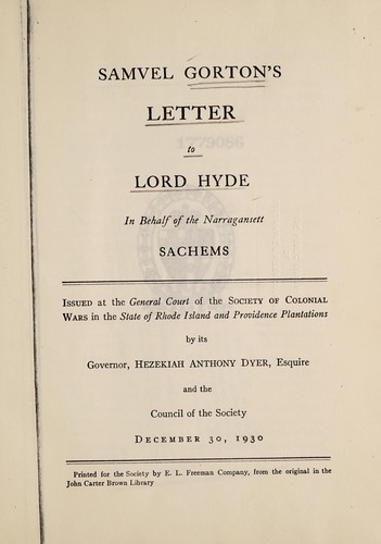 Samuel Gorton's letter to Lord Hyde in behalf of the Narragansett sachems