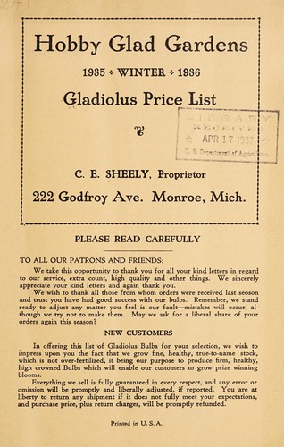 Winter 1935 1936 gladiolus price list