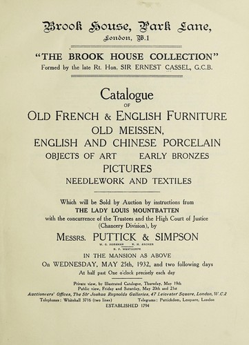 Catalogue of old French & English furniture, old Meissen, English and Chinese porcelain, objects of art, early bronzes, pictures, needlework and textiles