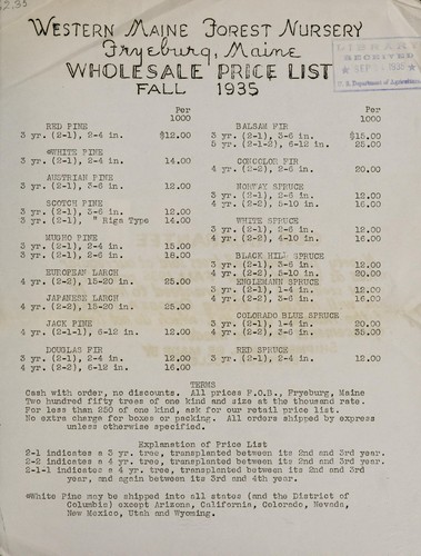 Wholesale price list, fall 1935