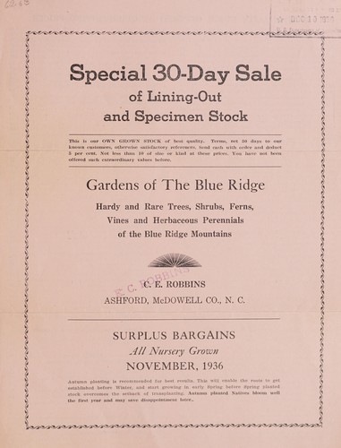 Special 30-day sale of lining-out and other specimen stock