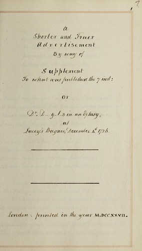 A shorter and truer advertisement by way of supplement, to what was published the 7th instant