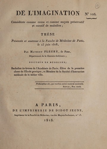 De l'imagination considérée comme cause et comme moyen préservatif et curatif de maladies