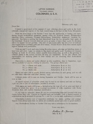Offer of 1937 [collected] plants and seeds in the horticultural unexplored regions of high central areas ... of the Rocky Mountains