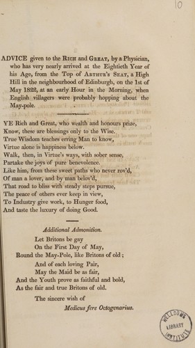 Advice [in verse] given to the rich and great, by a physician, who has very nearly arrived at the eightieth year of his age, from the top of Arthur's Seat ... on the 1st of May 1822