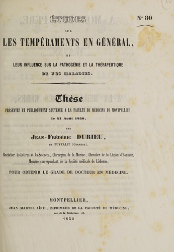 Études sur les tempéraments en général, et leur influence sur la pathogénie et la thérapeutique de nos maladies