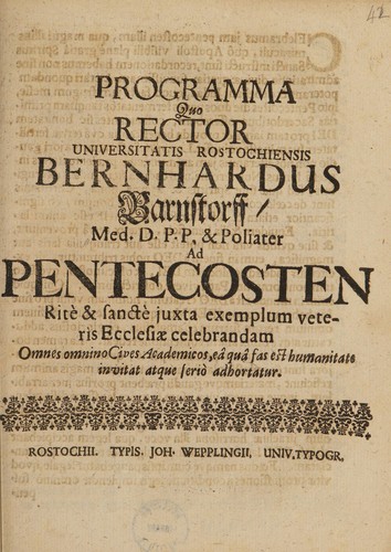 Programma quo ... ad Pentecosten rite & sancte ... celebrandam omnes ... cives academicos ... invitat atque ... adhortatur