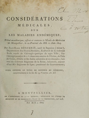 Considérations médicales, sur les maladies endémiques; tribut académique