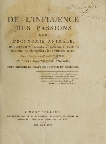 De l'influence des passions sur l'économie animale, dissertation