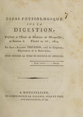 Essai physiologique sur la digestion