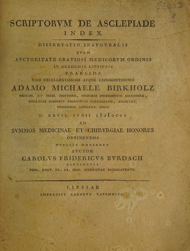Scriptorum de Asclepiade index. Dissertatio inauguralis