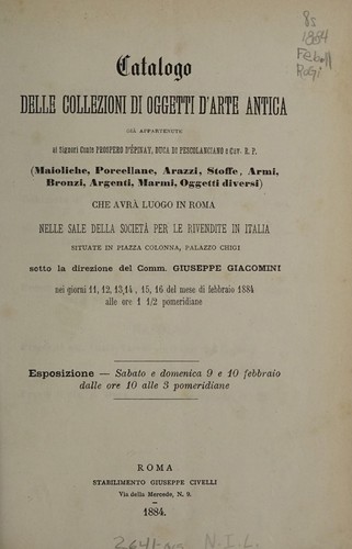 Catalogo delle collezioni di oggetti d'arte antica già appartenute ai signori Conte Prospero d'Épinay, duca di Pescolanciano e Cav. R.P.