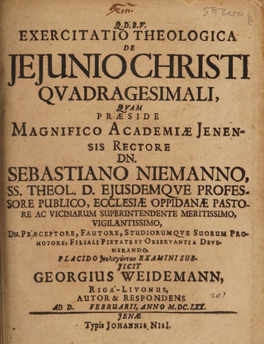 Exercitatio theologica de jejunio Christi quadragesimali