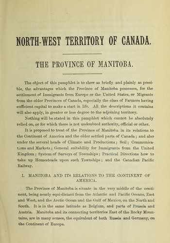 Dominion of Canada.  The province of Manitoba and North-West Territory