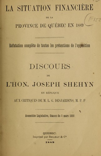 La situation financiere de la Province de Quebec en 1889, discours