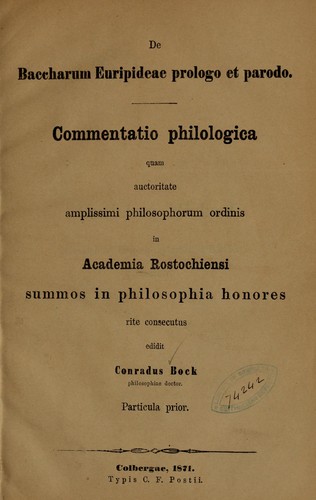 De Baccharum Euripideae prologo et parodo
