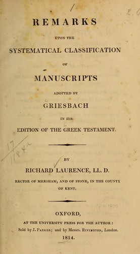 Remarks upon the systematical classification of manuscripts adopted by Griesbach in his edition of the Greek Testament