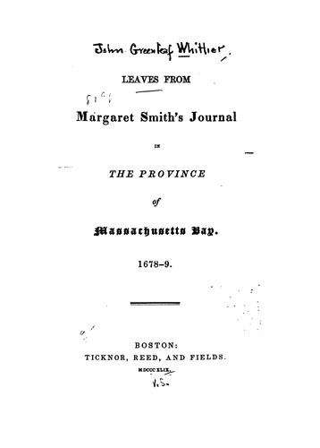Leaves from Margaret Smith's journal in the province of Massachusetts Bay, 1678-9