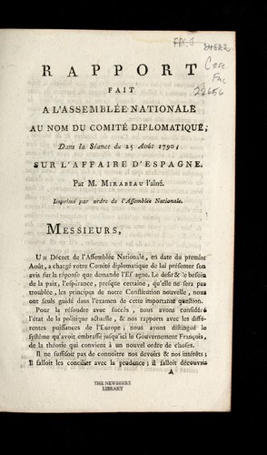 Rapport fait a l'Assemblée nationale au nom du Comité diplomatique, dans la séance du 25 août 1790, sur l'affaire d'Espagne