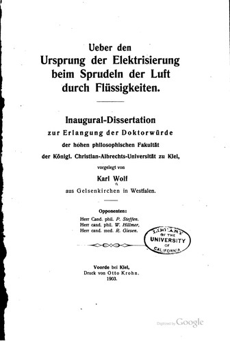 Ueber den ursprung der elektrisierung beim sprudeln der luft durch flüssigkeiten ..
