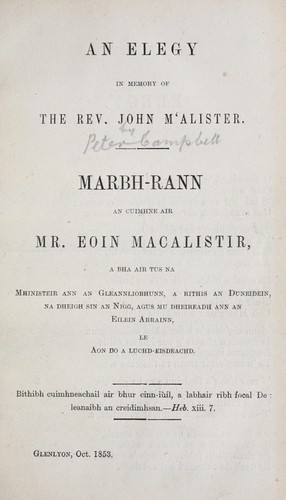 An elegy in memory of the Rev. John M'Alister =