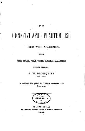 De genetivi apud Plautum usu: dissertatio academica quam venia ampliss ..