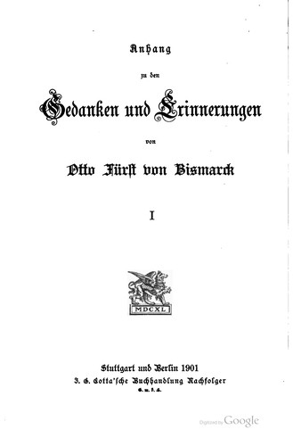Anhang zu den Gedanken und Erinnerungen von Otto Fürst von Bismarck