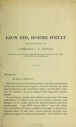 Leon XIII, homme d'etat discours prononce par l'honorable J.A. Chapleau le 11 janvier 1888