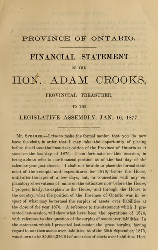 Financial statement of the Hon. Adam Crooks, Provincial Treasurer, to the Legislative Assembly, Jan. 16, 1877