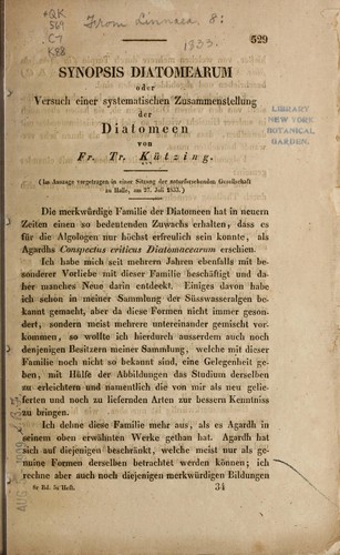 Synopsis Diatomearum, oder, Versuch einer systematischen Zusammenstellung der Diatomeen