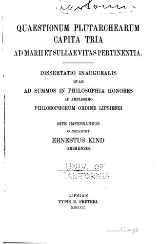 Quaestionum Plutarchearum capita tria ad Marii et Sullae vitas pertinentia