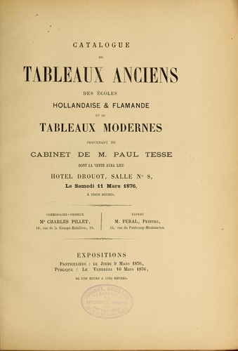 Catalogue de tableaux anciens de écoles hollandaise & flamande et de tableaux modernes provenant du cabinet de M. Paul Tesse