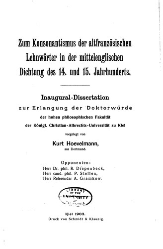 Zum konsonantismus der altfranzösischen lehnwörter in der mittelenglischen dichtung des 14. und 15. jahrhunderts ..