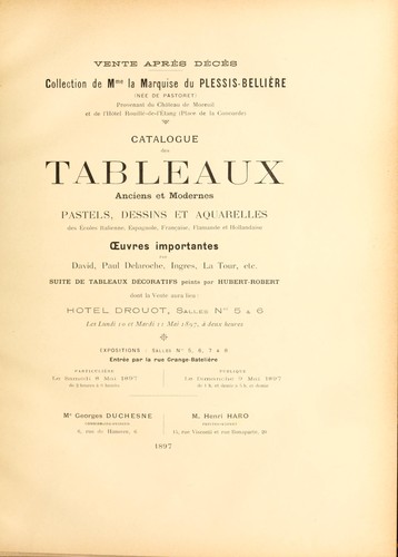 Catalogue des tableaux anciens et modernes, pastels, dessins et aquarelles ...