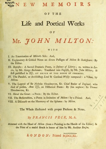 New memoirs of the life and poetical works of Mr. John Milton