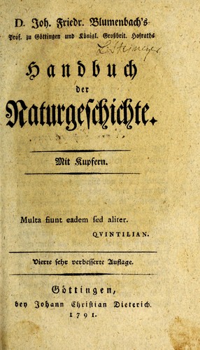 D. Joh. Friedr. Blumenbach's, Prof. zu Gottingen ... Handbuch der Naturgeschichte