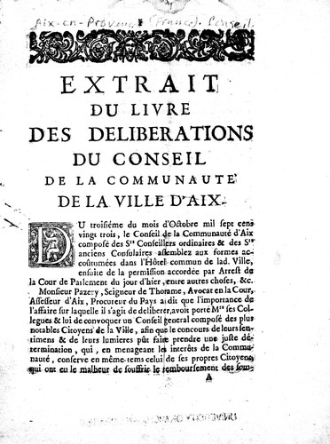 Extrait du livre des délibérations du Conseil de la communauté de la ville d'Aix